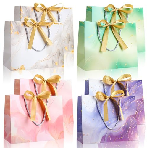 Livdouyu 8 Stück Marmor Geschenktüten mit Griff, Gold | 25x12,5x20cm, für Geburtstag, Hochzeit, Weihnachten, Neujahr & alle Feierlichkeiten