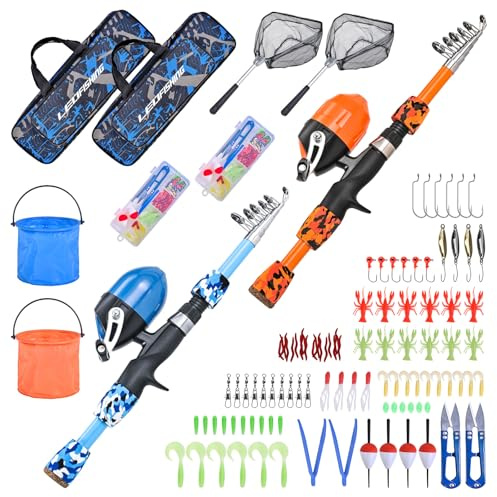LEOFISHING 2 Set Kids Fishing Pole Set with Full Starter Kits Portable Telescopic Fishing Rod and Reel Cambos with All The Necessary Fishing Kits for Boys Girls and Youth (2set (Blue +Orange))