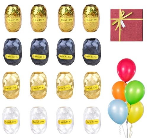 TAKUZA Ringelband Geschenkband Gold Schwarz Weiss,16 Rollen Geschenkband Set,Schwarzes Geschenkband 5mm,Geschenkbänder Rolle Bunt,Goldenes Band Weihnachten,Hochzeit, Geschenkverpackung,Luftballon Deko