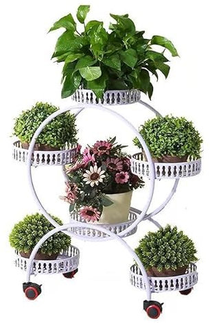 CMYCYDDPLY Pflanzenregal Indoor, Pflanzenständer, Blumenregal, Blumenständer Hoch, Topfhalter, Runder Blumenständer aus Metall, mit Bremse Rädern(White)