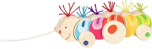 goki 54855 – Bruco Papilio in legno, giocattolo da traino in simpatico design e divertente corsa cingolata, ideale per principianti di coordinazione, 25 cm x 6 cm x 9 cm, a partire da 2 anni