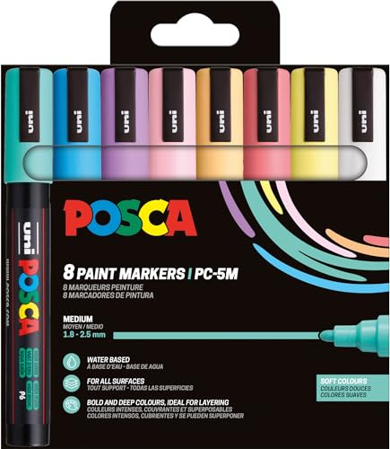 Uni-Ball 182552 POSCA-märkpennor – 8 akrylpennor PC-5M – permanent märkpenna med rund spets 1,8–2,5 mm