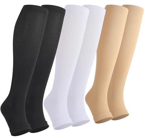 Lot de 3 paires de chaussettes de compression pour femme - Chaussettes de compression longues avec 15-25 mm - Bas de contention à bout ouvert - Soutien gradué, Noir, blanc, couleur chair, 38-42