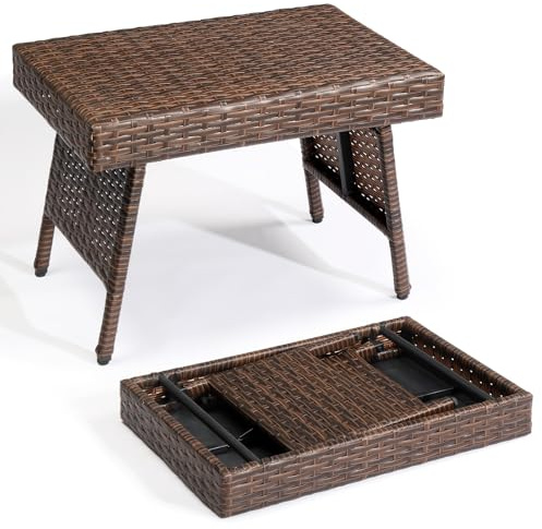 VINGLI Outdoor Folding Rattan Side Table, Portable Wicker End Table for Patio, Garden, Poolside, and Indoor Use, Mix Mocha
