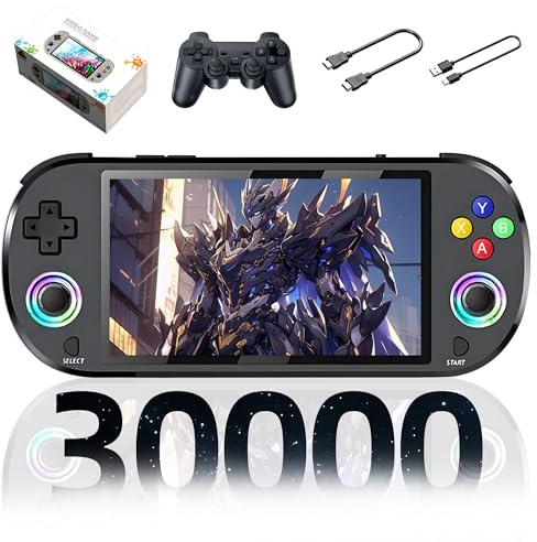 M22 Pro Console de Jeu Portable Retro,30000+ Jeux,30+ émulateurs,Console de Jeu vidéo Portable Système EmuELEC,Écran RVB Couleur IPS de 5 Pouces,avec Contrôleur sans Fil 2.4G,3000mAh (Noir-128G)