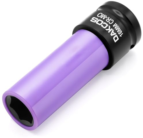 DAKCOS Schlagschrauber Nüsse 15mm Kraft Steckschlüssel mit Schonhülsen,CR-MO Schonnüsse 1/2 Antrieb für Alufelgen Radwechsel, Länge: 85mm