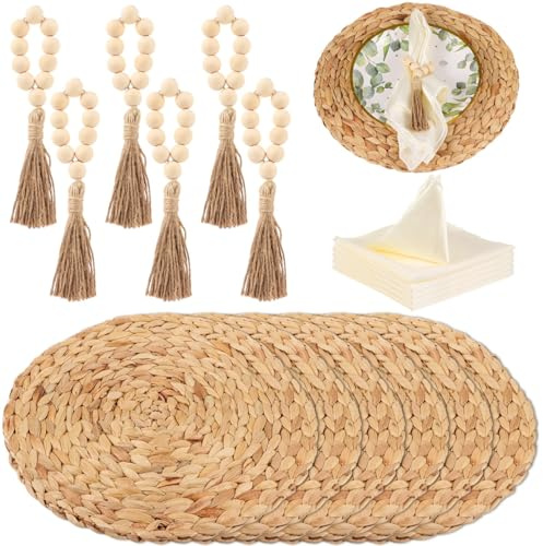Vestamore 6 Sets Round Water Hyacinth Placemats with Wood Bead Napkin Rings & Fabric Napkins, Farmhouse Heat-Resistant Dining Décor