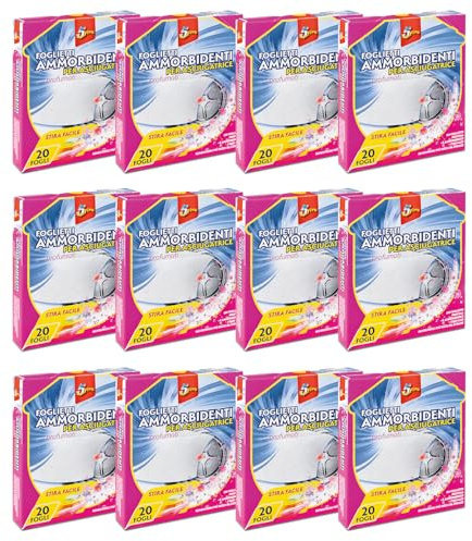 SUPERFIVE, Foglietti Ammorbidenti per Asciugatrice, Profumati e Antistatici, 20 Fogli (12 Confezioni x 20 Fogli)