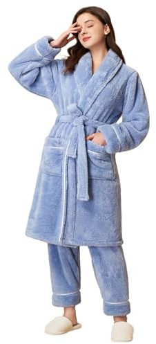 Bata de baño de toalla para mujer, sin capucha, albornoces acogedores para mujer, ropa de descanso de invierno, batas personalizadas, bata de felpa para el hogar, con bolsillos, bata ligera, azul, M