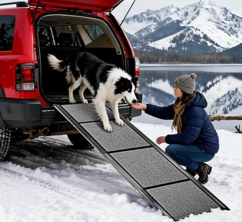 Hundetreppe Auto Klappbar - Aluminium Hundetreppe mit Rutschfester Oberfläche 170cm Leichteres EIN Bis 110Kg - Haustier Rampe Für Auto SUV LKW Für Große Hunde Outdoor Nutzung
