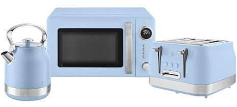 Swan Retro Kitchen Set, 1.7L Rapid Boil Kettle with 360 Degree Base, 3000W, and 4 Slice Toaster with 7 Browning Levels, 1860W and 20L Digital Microwave, Blue, SK14631BLU & ST19029BLU & SM4425BLU