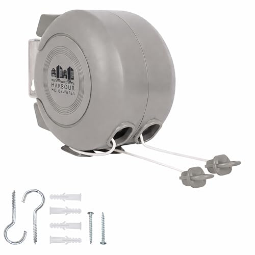 Harbour Housewares 2 x 15m Retractable Dual Cord Washing Line - Grey Heavy Duty Wall Mounted Extendable Clothesline Twin Clothes Airer - Indoor Outdoor Laundry Drying Reel with Strong PVC Cords