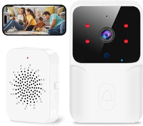Générique Sonnette Video Intelligente Maison,Sonnette visuelle avecresolution 1080P, IP65Etanche Carillon 400 metres, Melodie et Volume reglables, Kit 1Recepteur + 1 Emetteur, Salon, Bureau.