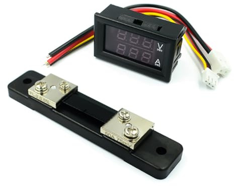PintoHardware 1 x Voltímetro Azul Rojo Amperímetro Digital DC con Shunt 50A, Medidor Dual de Voltaje y Amperaje Corriente 2 em 1, Pantalla LED, Incluye Shunt Externo