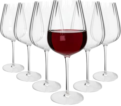 Argon Tableware Kensington Optic Crystal Red Wine Glasses 640ml - Pack of 6, Lead-Free Crystal Art Deco Wine Glass Set, Tulip Bowl with Optic Design, Durable Pulled Stem, Gift Boxed Glassware