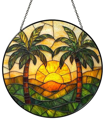 SUDDENSUPPLY Palm Tree Stained Glass Pattern Digital Download, Tropical Sunset Window Panel Design Template for Decorative Glass Art Craft, Coastal Summer Suncatcher Window Art