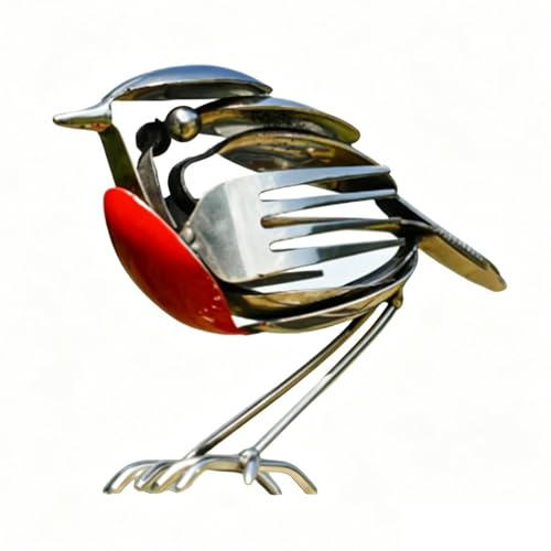 Metal Robin Bird Sculpture for Indoor Home Garden Ornaments Handmade Fork and Spoon Scrap Art Decor Rustic Red Chest Robin Figurine Unique Gift for Bird Lovers