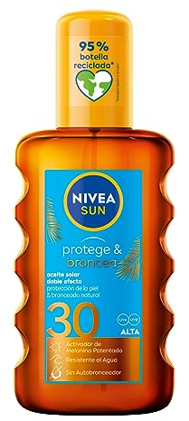 NIVEA SUN Protege & Broncea Aceite Solar FP30 (1 x 200 ml), activador del bronceado, protección solar alta resistente al agua con 0% autobronceador