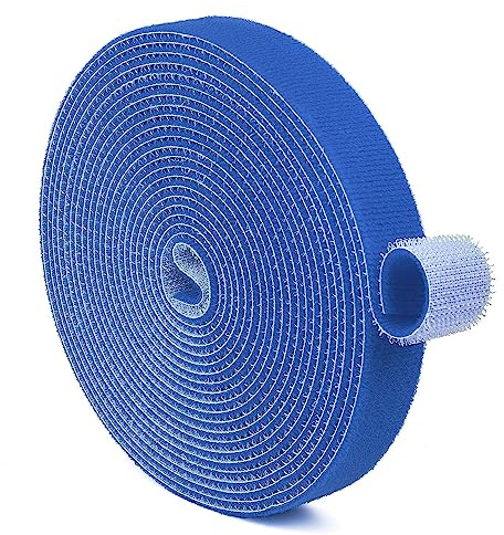 TNP Hook and Loop Tape Strap Cable Ties Fastener (Blue) (15 Feet) - Sticky Self Adhesive Nylon Fabric Roll Wrap 0.75 Wide 5 Yards Reusable for Cutting Custom Length Cord Wire Fastening