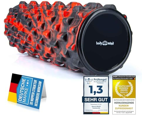 Body & Mind® Faszienrolle Massage-Rolle Fitnessrolle Sportrolle Therapierolle; Faszien-Training am Oberkörper, Nacken, Rücken, Beine, Waden & Allen Anderen Muskelgruppen; 33 x 14,5 cm (Schwarz-Rot)