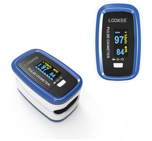 LOOKEE LK50D1 Deluxe Fingertip Pulse Oximeter - Finger SpO2 Blood Oxygen Saturation Monitor with Auto Rotate OLED Display Plethysmograph Waveform & Pulse Graph - Batteries Included
