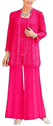 Conjunto de 3 piezas de encaje para madre de la novia con chaqueta larga para mujer, conjunto de pantalones de vestir para invitados, fucsia, 40
