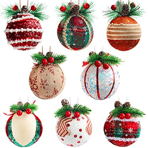 Belle Vous Verschiedene Christbaumkugeln Kunststoff Ornamente (8 STK) - 7,5 cm Retro Weihnachtskugeln aus Schaumstoff mit Künstlichen Deko Beeren, Tannenzapfen & Schnur - Für Weihnachtsfeier Deko
