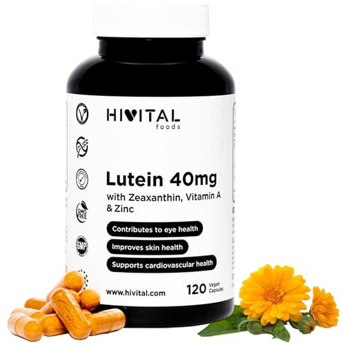 Luteina 40 mg. 120 cápsulas veganas para 4 meses de tratamiento. Extracto Natural de Flor de Caléndula con 40 mg de Luteina pura, 8 mg de Zeaxantina, Vitamina A y Zinc. Fabricado en España por HIVITAL