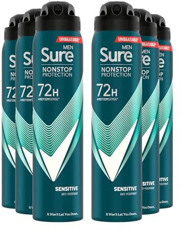 Sure Men Nonstop Protection Sensitive Deodorant Body Spray Antiperspirant with a clean fragrance & body heat activated technology for 72 hour odour and sweat protection 250 ml, Pack of 6