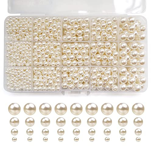 1500 Stück Glasperlen zum Auffädeln Beige(∅4,6,8,10 mm） | Runde Schmuckperlen mit Loch, Kunstperle,Glas Perlen Bastelperlen Set für Schmuckherstellung Halskette Armbänder