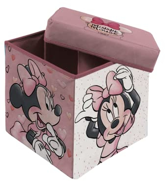 Superdiver - Cubo contenitore e sgabello Topolina - Licenza Ufficiale Disney Minnie Mouse - 30x30x30 cm - Pouf pieghevole con coperchio imbottito - Organizzatore per giocattoli