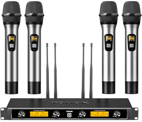 TONOR Sistema di Microfoni Senza Fili con 4x5 Canali in Metallo Senza Fili, 4 Antenne per una Portata UHF di 90m, Mic con Trasmissione del Segnale Stabile per Canto, Festa, Chiesa, Karaoke, Argento