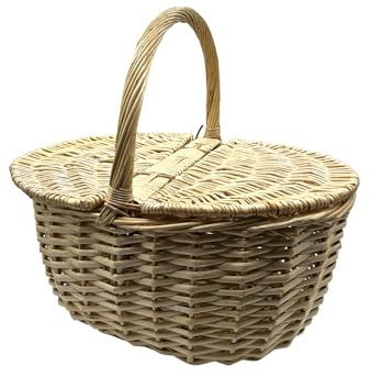 acquaverde | Cesto Portafunghi in Vimini Intrecciato a mano con Manico, per Raccolta Funghi, Cestino da Pic-Nic, Dotato di doppia chiusura- cm. 40x30x20