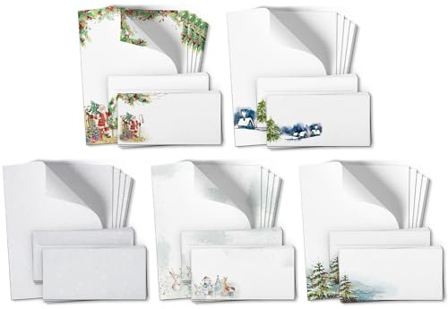 100 Teile Set - Großer Briefpapier und Umschlag Mix mit 5 Motiven - Motivpapier Briefumschlag edel modern - Weihnachten Weihnachtspapier Weihnachtsumschlag