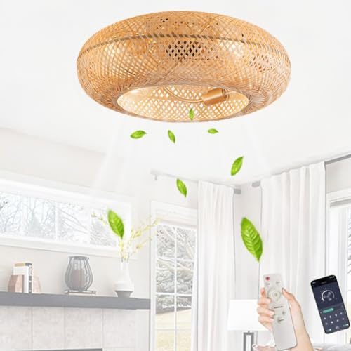 DOCJX E27 Bambus Deckenventilator Mit Beleuchtung Boho 50CM Leise DC Motor Und Fernbedienung Vintage Deckenleuchte Mit Ventilator Rattan Schlafzimmer Fan Deckenlampe Für Wohnzimmer Esszimmer Lüfter Li