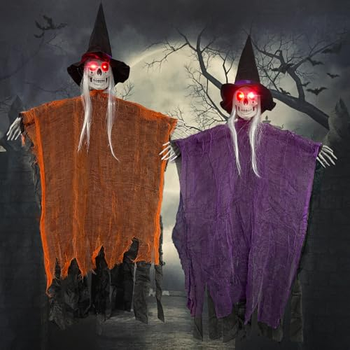2 Piezas Brujas Halloween Decoracion 100x60cm Decoracion Halloween Exterior Decoración de Bruja Animada Colgante con Ojos Iluminados Esqueletos de Fantasmas Colgantes para Jardin, Interior y Exterior