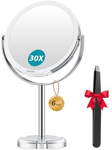 Auxmir 1X/ 30X Magnifying Mirror, Makeup Mirror with Tweezer, Double Sided Round Vanity Tabletop Mirror, 360° Rotation Portable for Dressing Table Desk Bathroom Bedroom Travel, Clear