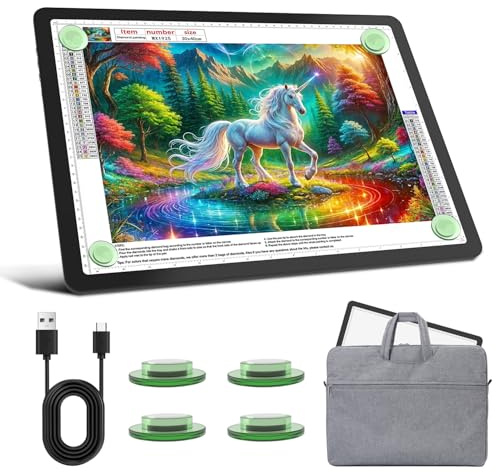 Leuchttisch A3 mit Tasche, 5600 Lux Sehr Hell LED Lightpad mit Seitliche Tasten, Magnetischer Clip, 6 Stufige Dimmung 3 Farbtemperatur Light Pad Lichtpad für Diamond Painting, Zeichnen Skizzieren