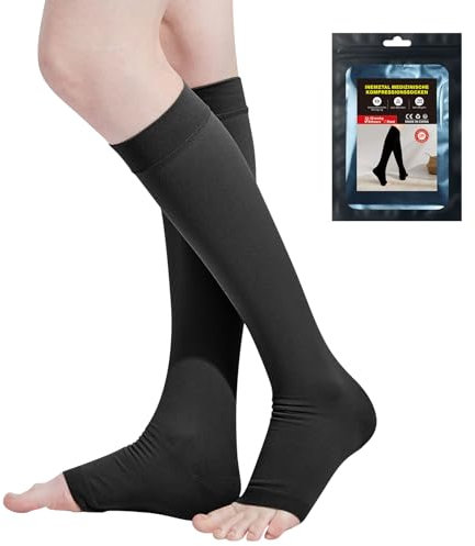 InemzTal Medias de compresión para hombre y mujer, 20-30 mmHg, hasta la rodilla, punta abierta, soporte graduado, para ciclismo, correr, varices, edema, Negro , 52-54