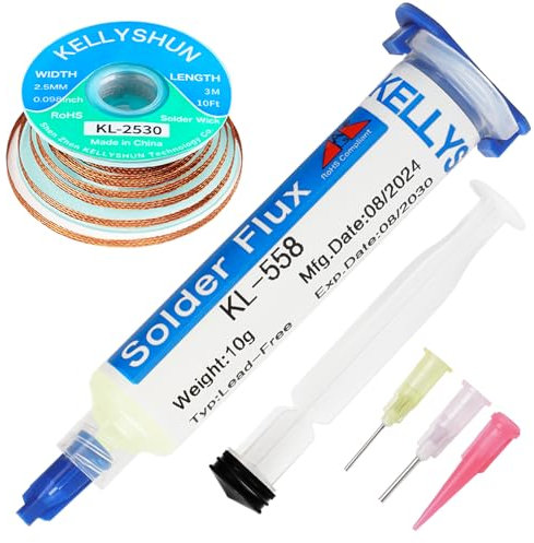 KELLYSHUN KL-558 Flussante,10ML Flussante No-Clean Senza Piombo a base di Rosin (1 Pezzo),Treccia Dissaldante 2,5MM/3M (1 Pezzo),per Saldatura di Telefoni, BGA, SMD, PCB, Ecc. Riparazione Elettronica