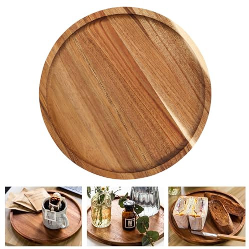 AKONE Plato de madera redondo, bandeja de madera redonda de 20 cm, bandeja redonda de madera, plato plano de madera, vajilla de madera, plato decorativo de madera de acacia, bandeja para servir