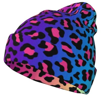 Xiso Ver Wintermütze mit Leopardenmuster, Neon-Regenbogen-Farbverlauf, für Damen und Herren, weiche Strickmütze, Skistrumpf mit Bündchen