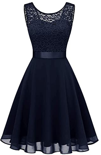 2025 Femmes Courte Dentelle Florale Robe de Demoiselle d'honneur Féminine Longueur Genou Robe de Soirée Swing Robe Festive Dames Longueur Genou Manches Longues, bleu, S