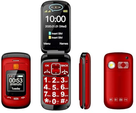 PPLDABNK Dual Display Senior Cellphone, 2G Feature Phone, Dual SIM Large Push Keypad Speed Dial Torch FM Push Button SOS Button Elderly Cover Mobile Phone,Red