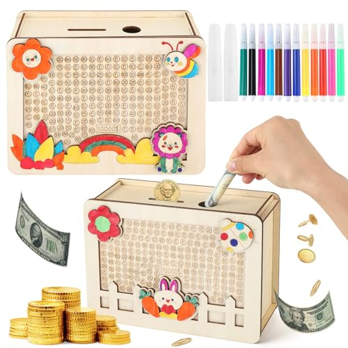 2 Pcs Savings Challenge Box, Wooden Cash Saver Money Box, DIY Cash Coin Vault Piggy Bank with Coloring Pen for Adults Kids, Money Box with Savings Target and Figures($1000)