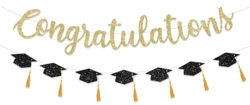 CharmeFleur Glückwünsche Banner Abschlussdecorationen Klasse 2025 Gold Glitzer Gratuliere Absolvent mit Quaste Party Decor College High School Party Geschenke Schwarz