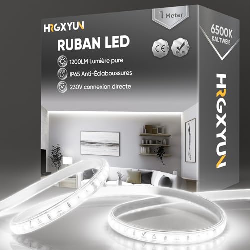 HRGXYUN 230V Ruban LED Extérieur, SMD 2835 IP65 Etanche, Bande LED Transparent 1200LM Sans Transformateur Flexible Découpable pour Chambre, Cuisine, Exterieur Décoration, 6500K Blanc froid, 1m