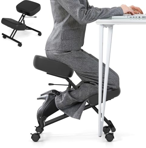 HOMASIS Ergonomischer Kniestuhl, Kniehocker mit 4 Rollen & Bremsen, höhenverstellbar, Bürostuhl mit dickem Sitzkissen, Orthopädischer Sitzhocker Computerstuhl für Zuhause & Büro (ohne Rückenlehne)