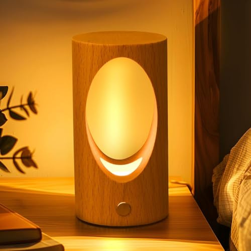 AoLa Holz Tischlampe Kabellos Akku Tischleuchte LED Dimmbar Touch Lampe mit Schalter Warmes Weiß 3000K Innen Baum Loch Wiederaufladbar Nachtlicht Runde Deko Lampe Nachttischlampe für Schlafzimmer Kind