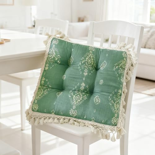 MIUUIPI Bohemian Sitzkissen mit Quasten, 43 x 43×8 cm Stuhlkissen, Kissen für Gartenstühle, Dekoratives Sitzpolster für Innen & Außen, Stuhlauflage für Esszimmer, Wohnzimmer, Studierzimmer (Hellgrün)